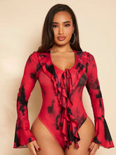 Tie Dye Ruffle Trim Flare Sleeve Bodysuit